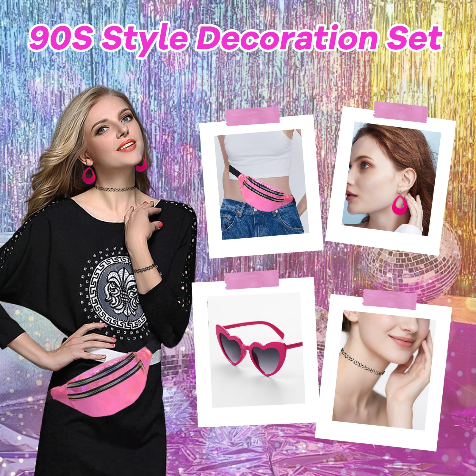 Xerteam 21 Pcs 90er Jahre Outfit Damen, 90er Jahre Accessoires 90er Retro Outfit mit Bauchtasche Damen Herzbrille Tattoo Kette Armband 80s 90s Ohrringe für Malle Accessoires Festival Party Outfit