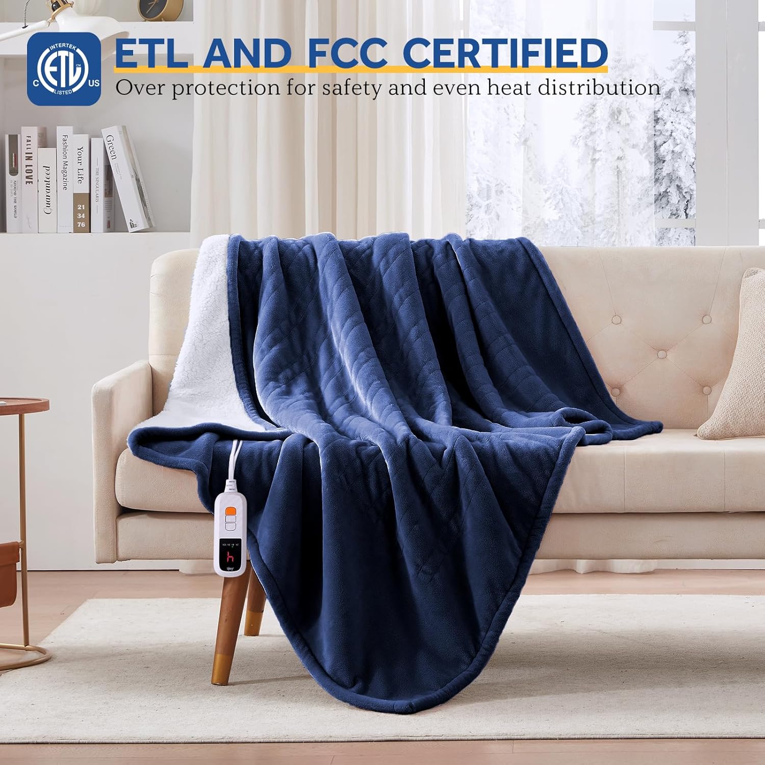 Sealy Electric Blanket Throw Size 50"*60",Super Cozy Flannel to Sherpa Reversible Heated Blanket Throw with 6 Heating Levels & 2-10 Hours Auto Off Overheating Protection Machine Washable,Navy - Image 7