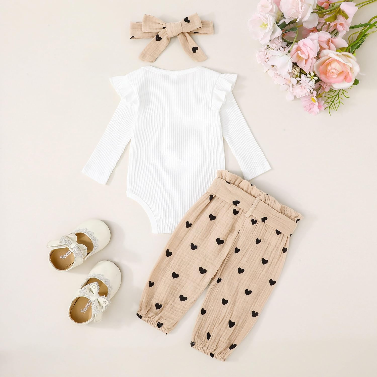 EVERGIFTKIDS Newborn Baby Girl Clothes Ribbed Knit Romper Heart Daisy Print Pants for 0 3 6 12 18 24 Months Girl Outfits - Image 3