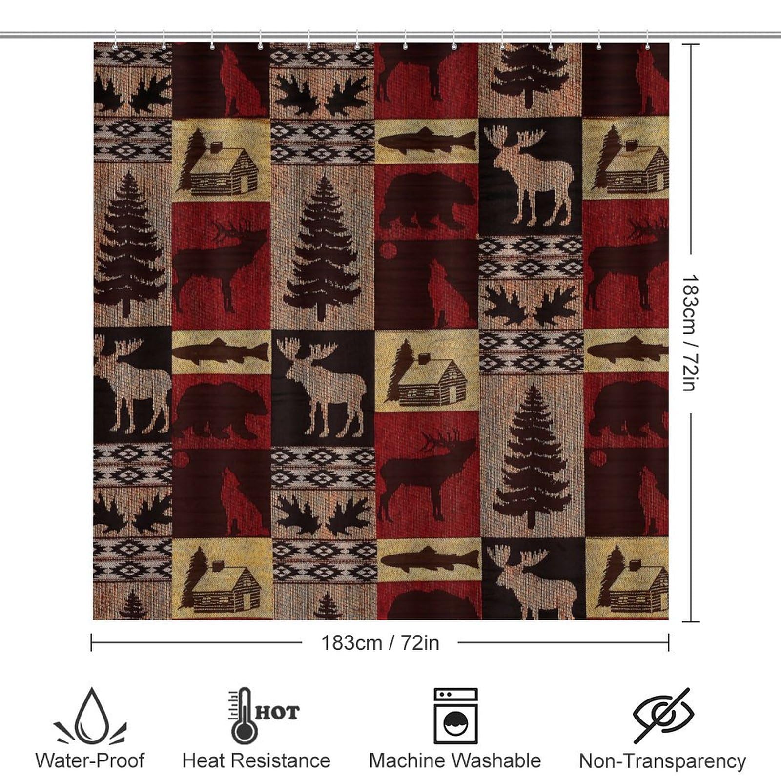 Rustic Cabin Bear 4 Piece Shower Curtain Sets,Vintage Lodge Hunting Theme Check Plaid Deer Bear Non-Slip Rugs,Toilet Lid Cover and Bath Mat,Durable and Waterproof,for Bathroom Decor Set