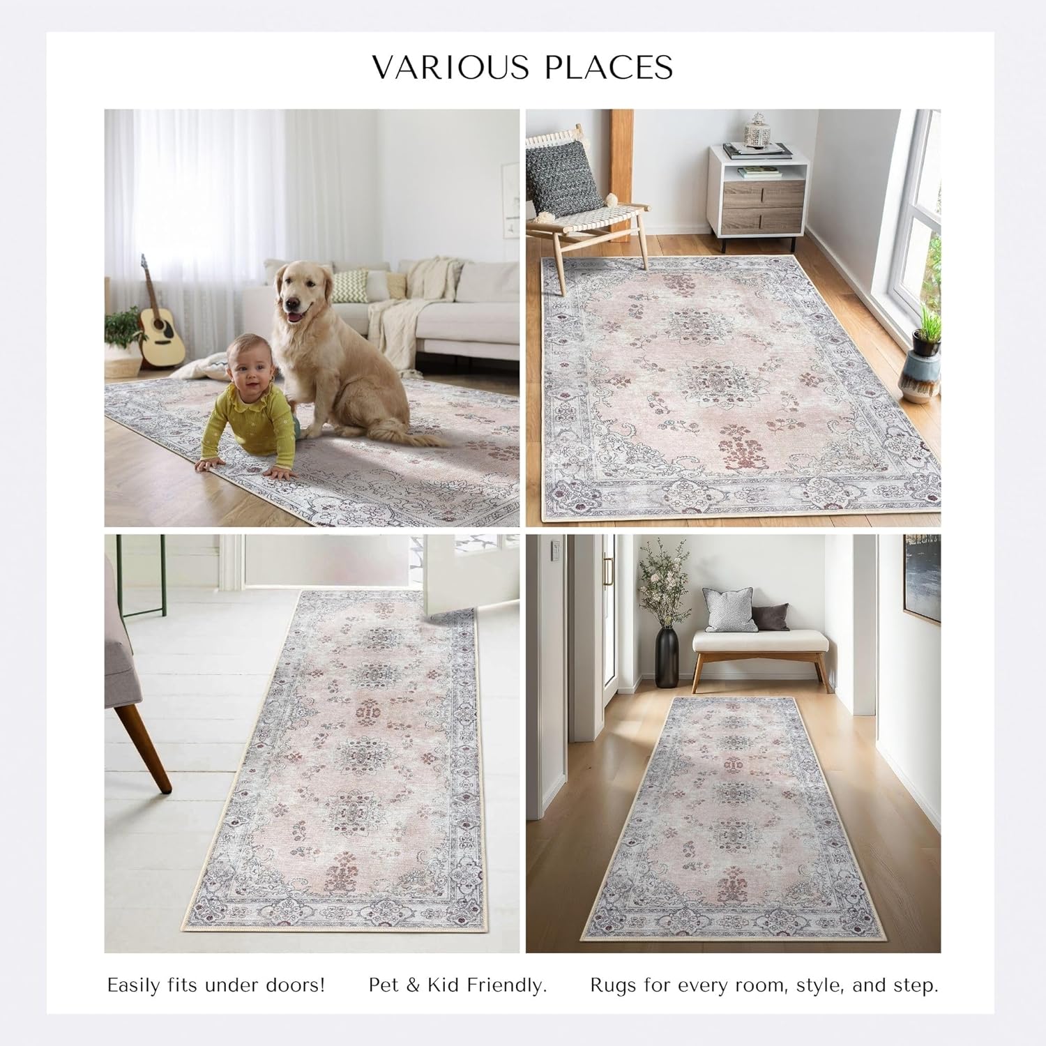 Lite Pink Oushak Runner Rug Hallway 2'5x7' - Traditional Washable Vintage Turkish Pastel Runner Rugs with Rubber Backing, Short Runner Rug for Entryway, Laundry, Bedroom, Kitchen, Bathroom