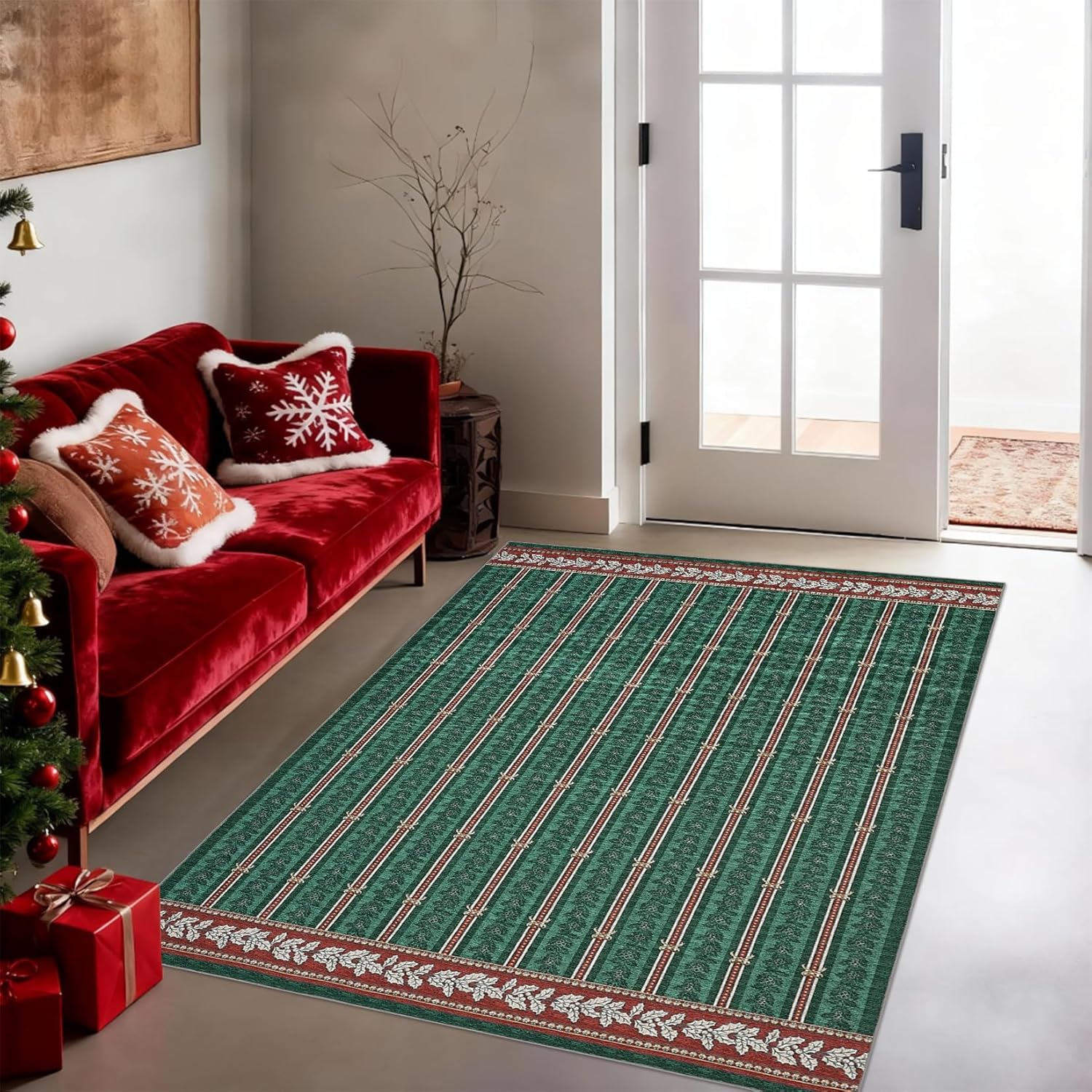 GarveeHome Christmas Rugs 3x5, Entryway Machine Washable Rug with Non Slip Backing, Low-Pile Stain Resistant Doormat for Indoor Outdoor Hallways Kitchen Bathroom Bedroom Green