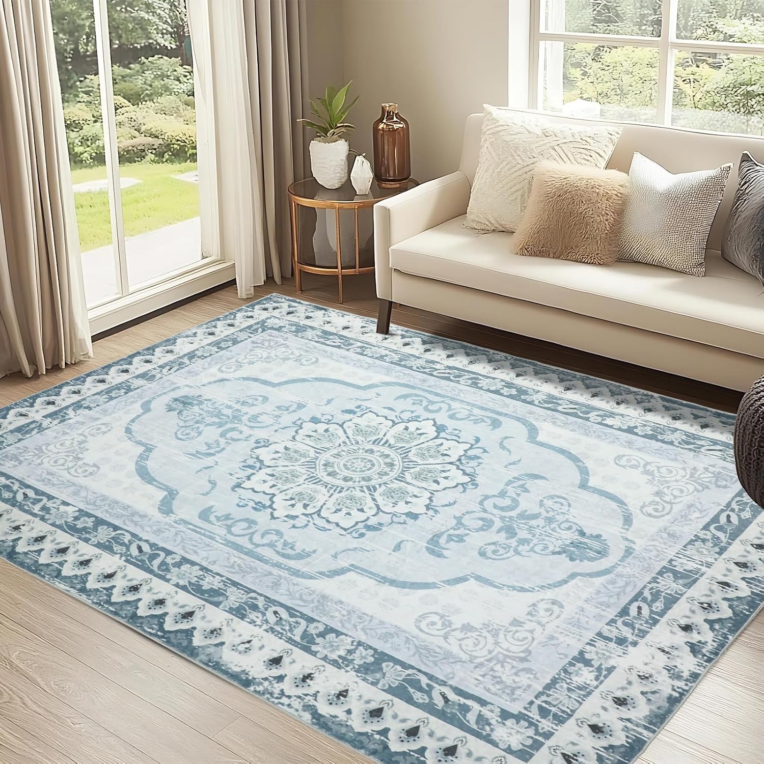 Vintage Area Rugs, Boho Style Washable Living Room Rug, Anti-Slip Backing Bedroom Carpet, Soft Low Pile Kitchen Mat Foldable Storage, 5x7', Cyan