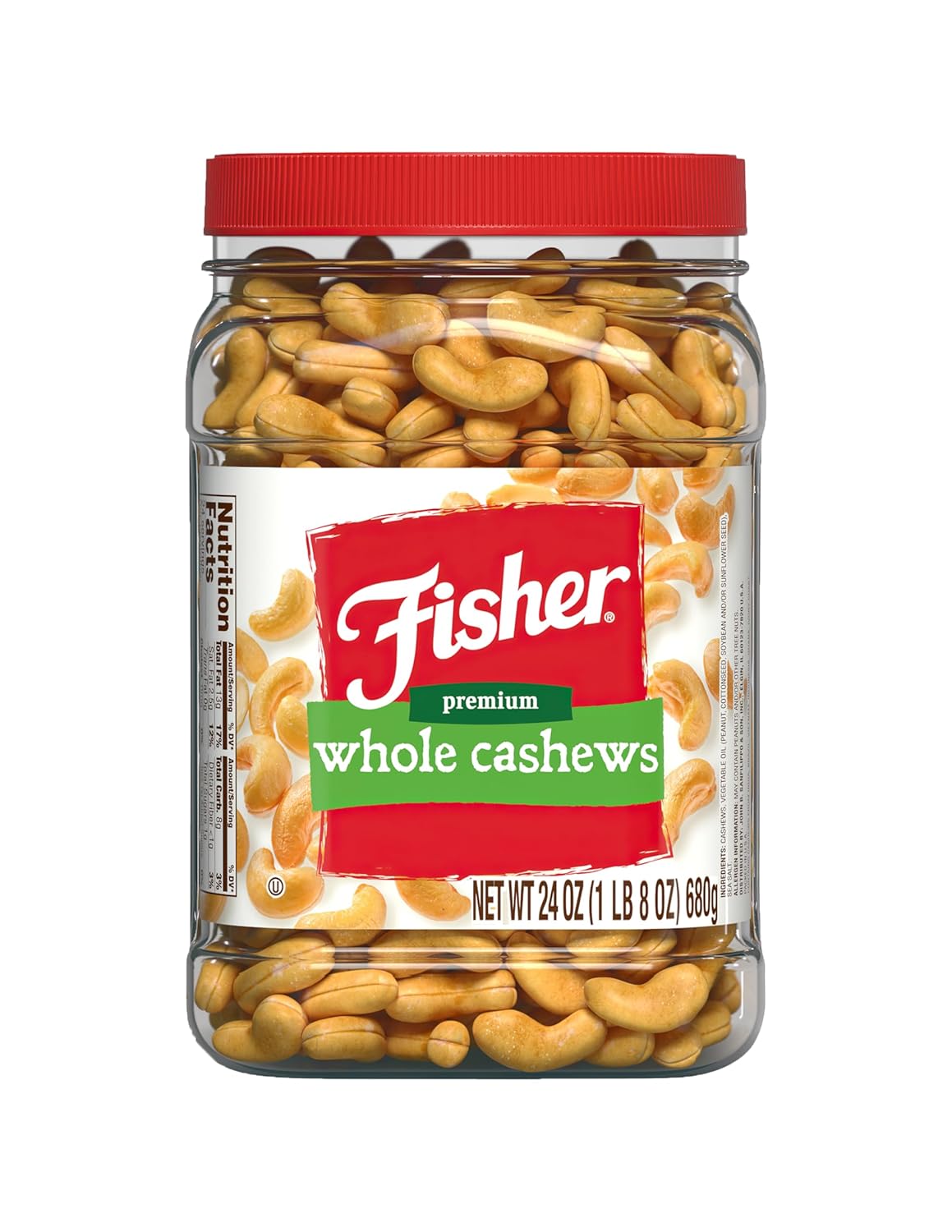 Fisher Premium Whole Cashews Roasted with Sea Salt, 24 oz Jar - Fresh Crunchy Snacks, No Artificial Colors