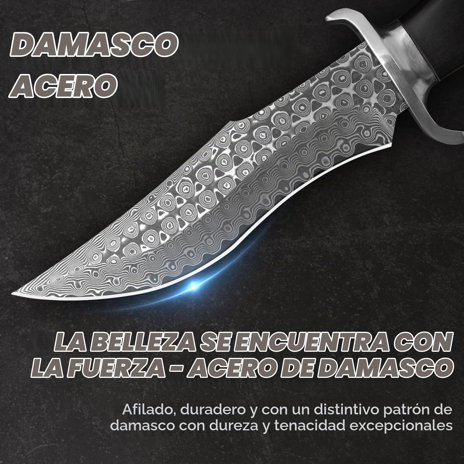 de caza Cuchilla fija P-S-DMSG, 16, 3 cm de longitud de la Acero damazado Cuchillo de cinturón con funda de cuero, mango de madera, cuchillo exterior para el camping