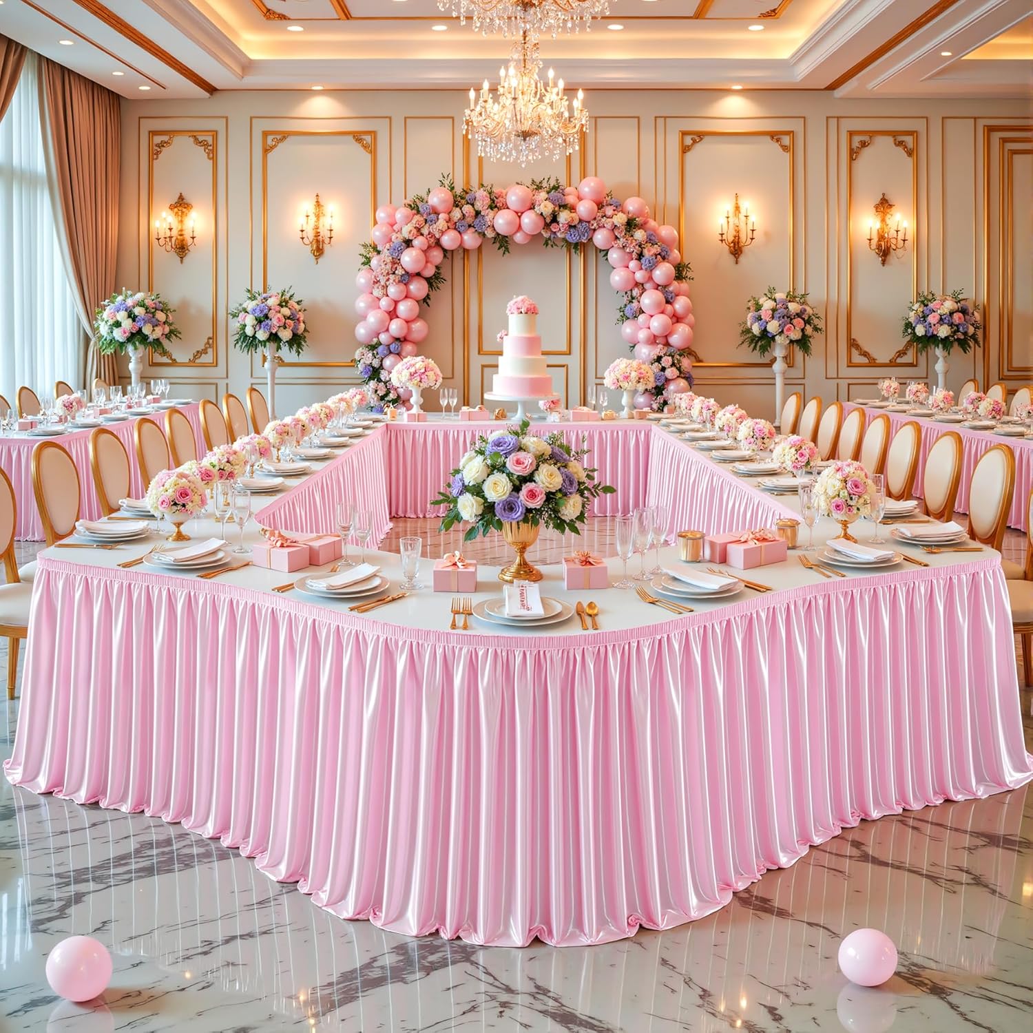 17Ft Baby Pink Satin Table Skirt for Rectangle or Round Tables, Wrinkle-Free & Ruffle Pleated Teacher Desk Skirt Sparkly Spandex Table Skirting for Home Office & Kitchen, Trade Shows, Wedding Party
