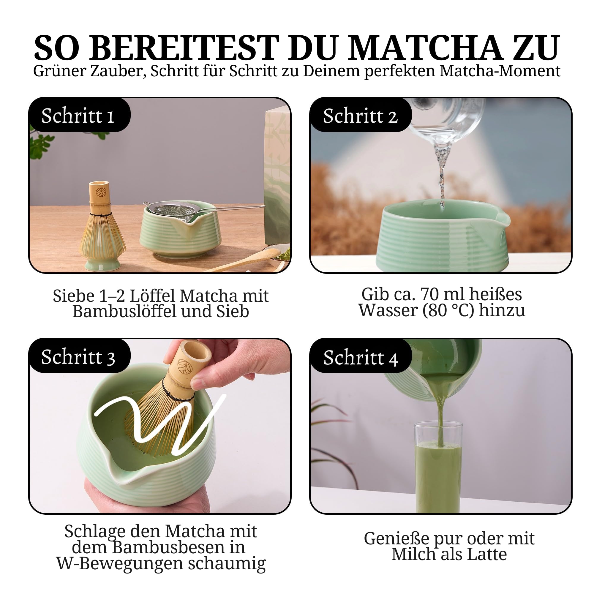 Zestaw matcha – miętowa zieleń – 8-częściowy zestaw do herbaty matcha – miotła, miska, łyżka, miarka, sitko, uchwyt i akcesoria – zestaw premium matcha dla miłośników matchy