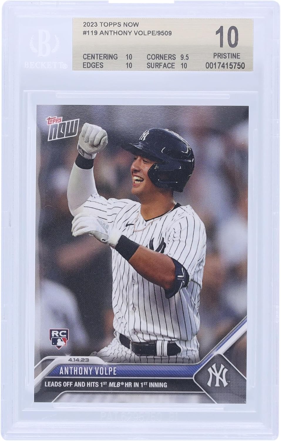 Anthony Volpe New York Yankees 2023 Topps Now Leads Off & Hits 1st MLB HR in 1st Inning #119 BGS Authenticated 10 Rookie Card - 10,9.5,10,10 Subgrades - Baseball Slabbed Rookie Cards