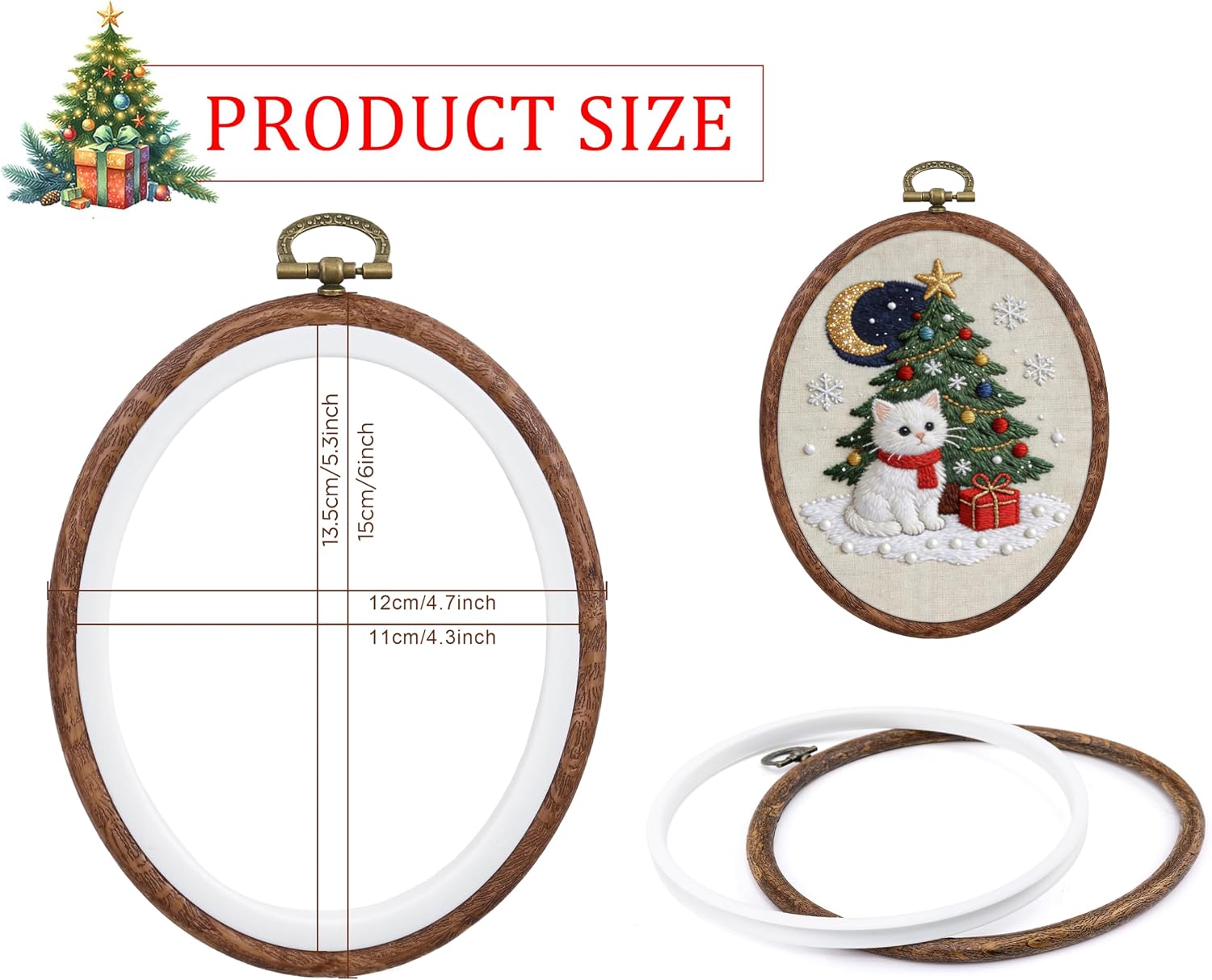 Dllxumm 4 Pcs Oval Embroidery Hoops Display Frame, 5.3x4.3 inch Decorative Cross Stitch Hoop Ring Imitated Wood Embroidery Ornament for Craft Sewing Christmas Hanging Decoration