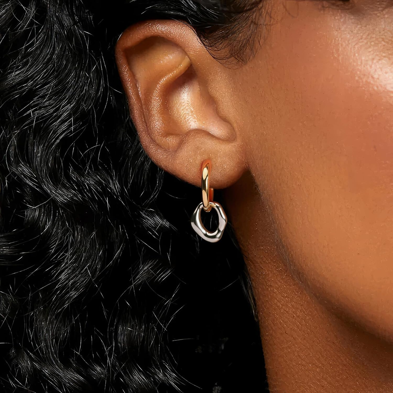 Gold Chain Dangle Earrings for Women, Two Tone Gold Silver Hoop Earrings Studs Lightweight Hypoallergenic Statement Earrings Jewelry - Image 2