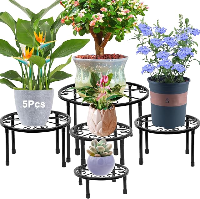 5 Sizes Metal Plant Stand Rack Indoor Outdoor Flower Pot Shelf, Removable Rustproof Round Planter Display Storage Rack, Heavy Duty Potted Holder for Home Garden Patio Bathroom Living Room (5 Size)