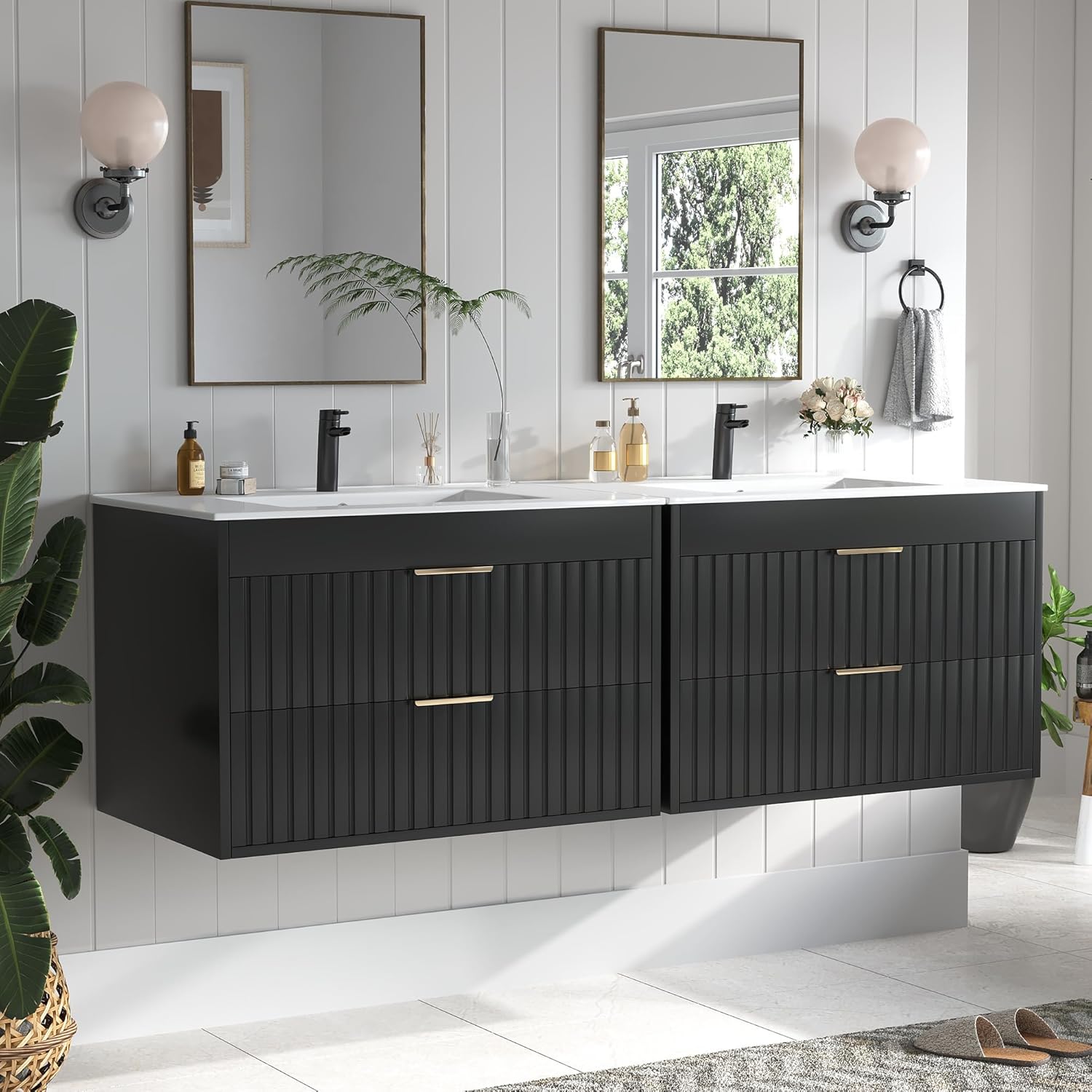 30" Bathroom Vanity with Sink, Floating Bathroom Vanity with 2 Fluted Drawers & Metal Handle, Wall Mounted Cabinets with Integrated Ceramic Sink for Apartment, Home, Black