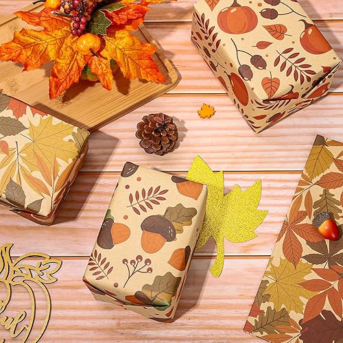 Miniatura 4 de Whaline 12 hojas de papel de estraza para Halloween, otoño, calabaza, fantasma, bruja, hoja de arce, 6 diseños, cosecha de otoño, papel de regalo