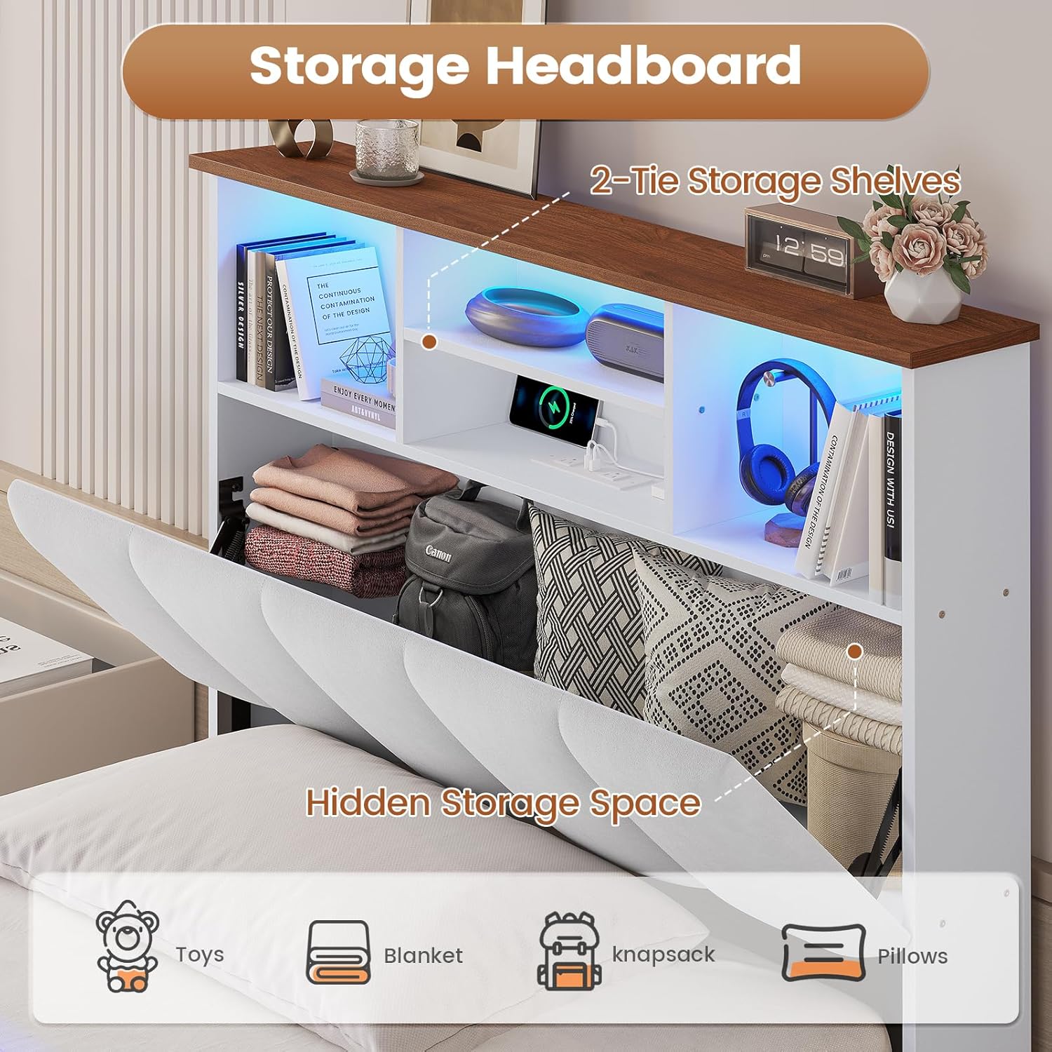 AOGLLATI Twin Bed Frame with 4 Storage Drawers & Charging Station & LED Lights, Twin Bed Frames with Stylish Bookcase Headboard, Led Bed Frame with Metal Slats, No Box Spring Needed,White