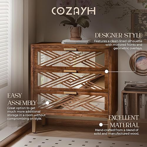 Miniatura 3 de COZAYH Cómoda decorativa de 3 cajones, organizador de cajones delanteros con espejo geométrico con asas y patas de metal, muebles modernos para sala