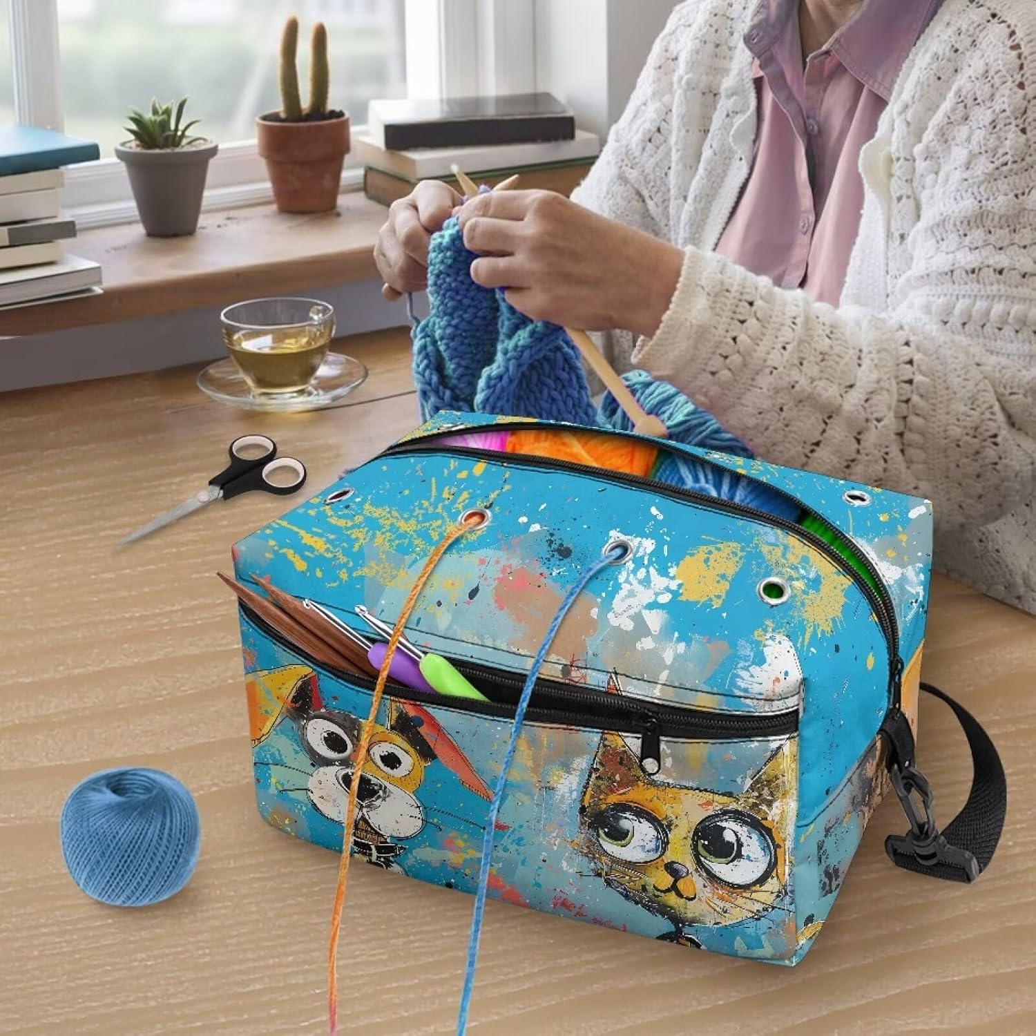 Drnuikhe Cartoon Puppy Yarn Storage Bag Empty Knitting Tote Bags Organizer Zipper Closure Crochet Hook Storage Bag with Strap Crocheting & Knitting Gifts