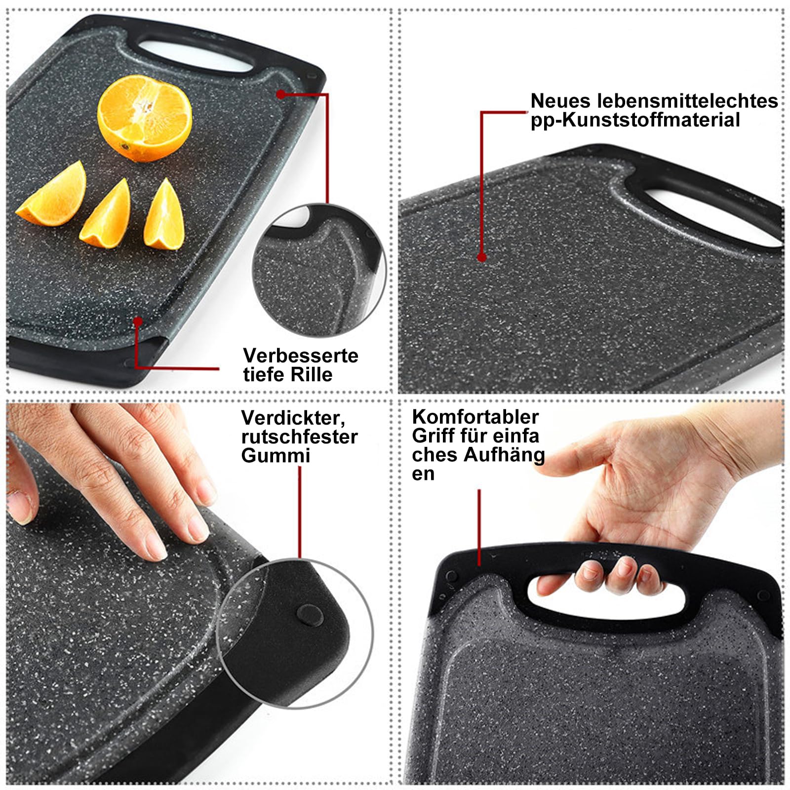 tabla de cortar para cocina, juego de 3 tablas de cortar de plástico, con canal para recoger jugos y diseño antiderrame + orificios para y guardar. negro.