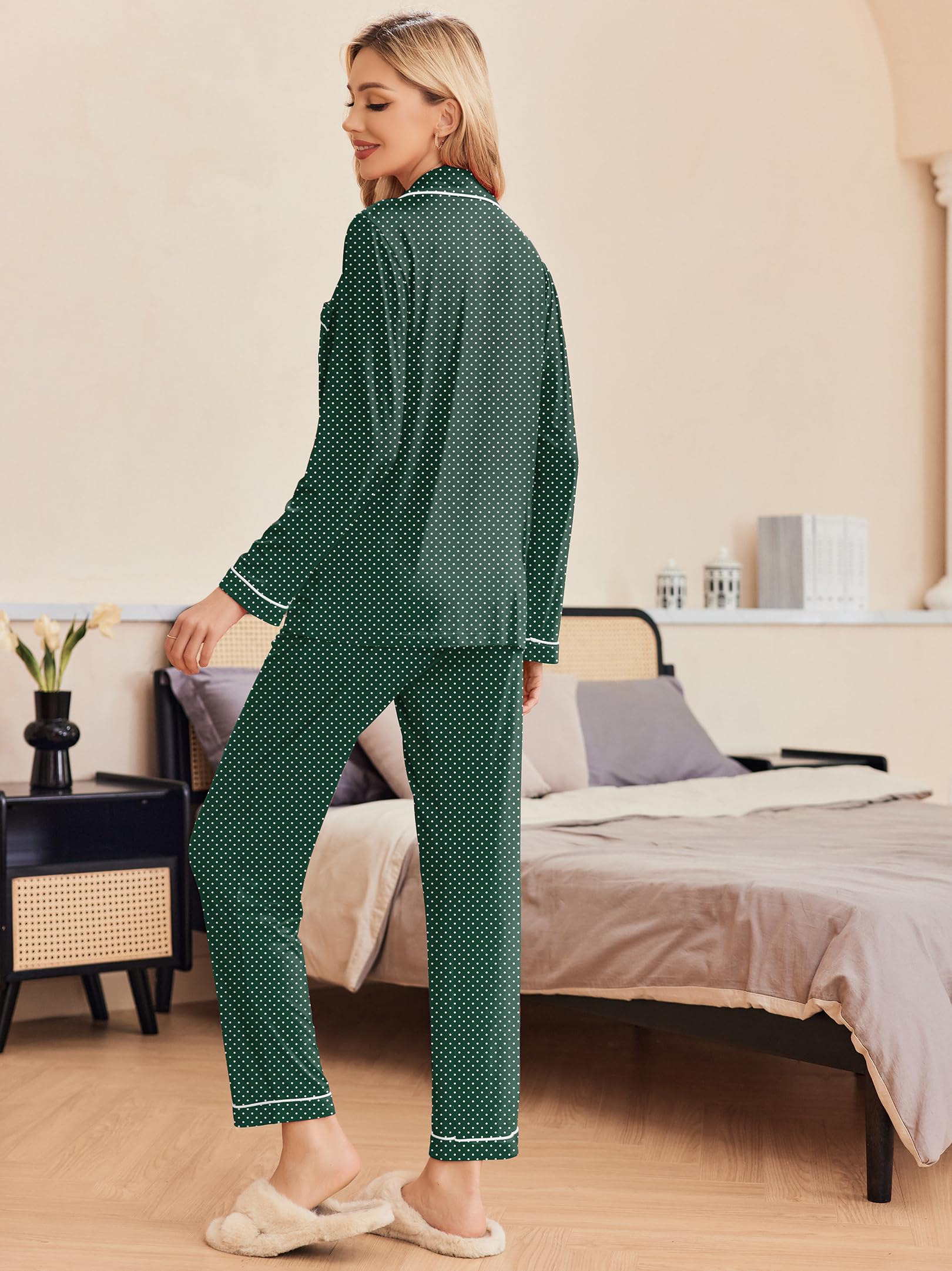 Ekouaer Pajamas Women's Long Sleeve Sleepwear Soft Button Down Loungewear Pjs Lounge Set Nightwear XS-XXL: Large Green With White Dots