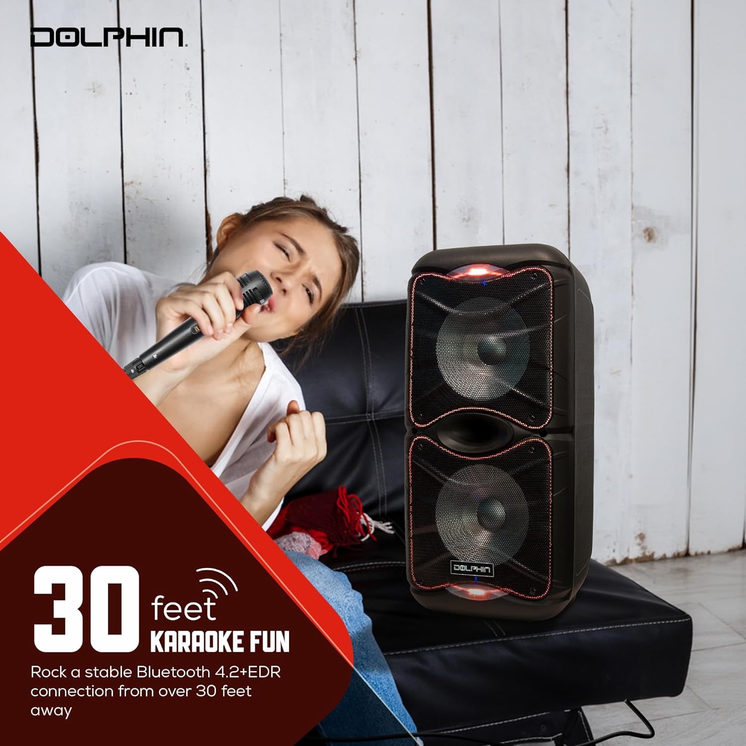 Two Dolphin BoxParty 212 speakers wirelessly paired using WaveSync technology