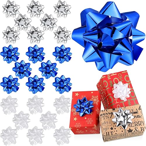 Miniatura 8 de Paquete de 24 lazos de Navidad para envolver regalos, lazos de regalo, varios lazos de Navidad autoadhesivos, lazos de estrella para regalos de