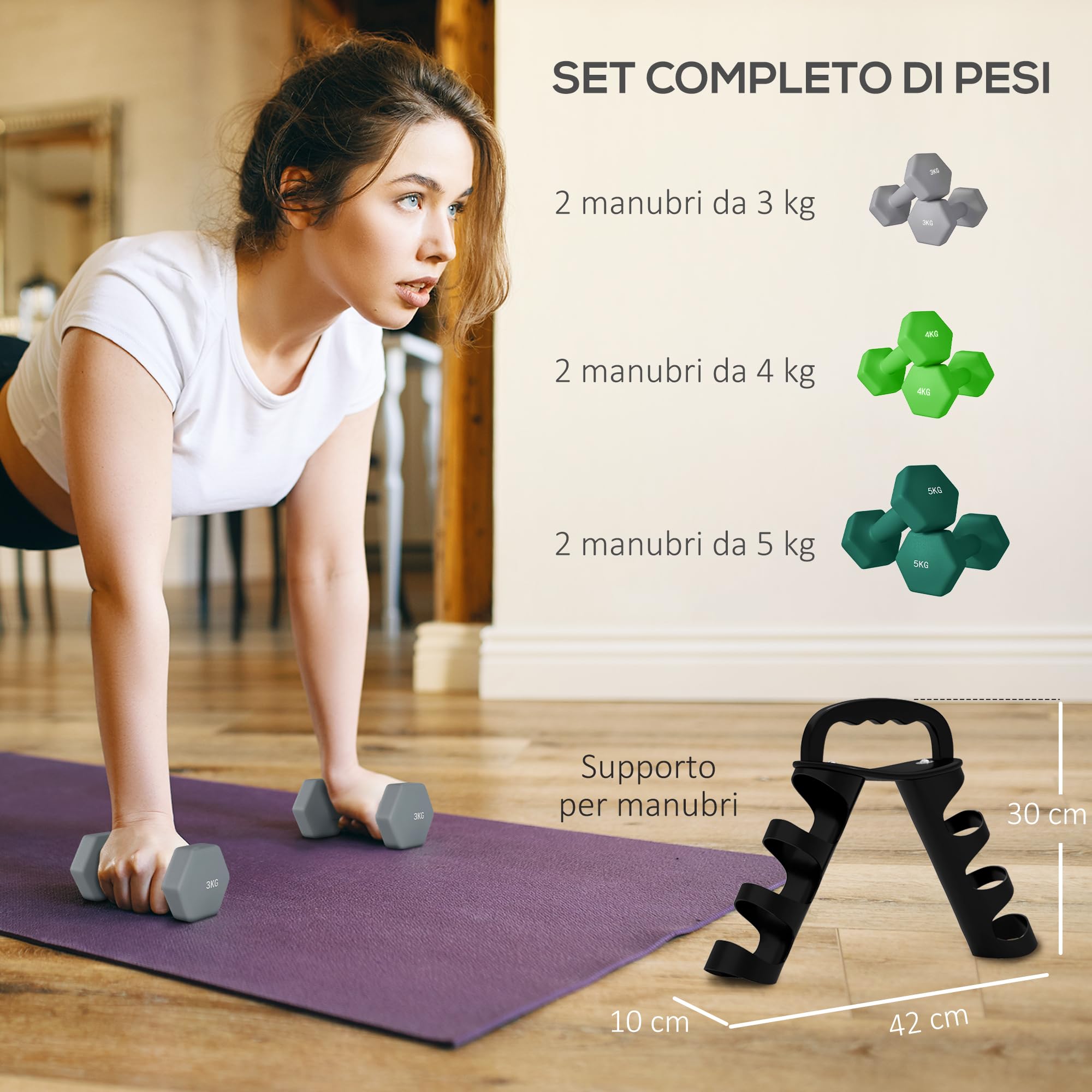 SPORTNOW Juego de mancuernas de gimnasio con soporte plegable, mancuernas para gimnasio hexagonales de metal con mango, entrenamiento fitness en casa, multicolor