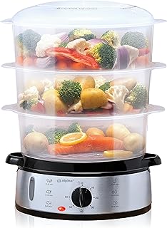 alpina Vaporera - 230V/800W - Vaporera de 3 capas - Sin BPA - Apta para lavavajillas - 0 a 60 minutos - 9 litros de capacidad - Gris