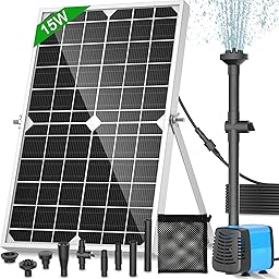 Solar Pond Pump, 15W Solar Fountain Pump with 720L/h Flow, 16.5Ft Extendable Power Cord, 4 Spray Styles & Debris Barrier Bag – Perfect for Ponds & Water Features