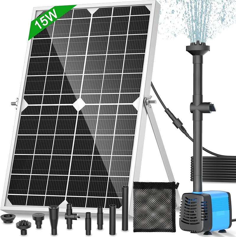 Solar Pond Pump, 15W Solar Fountain Pump with 720L/h Flow, 16.5Ft Extendable Power Cord, 4 Spray Styles & Debris Barrier Bag β Perfect for Ponds & Water Features