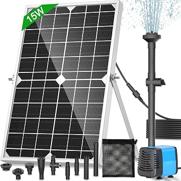 Solar Pond Pump, 15W Solar Fountain Pump with 720L/h Flow, 16.5Ft Extendable Power Cord, 4 Spray Styles & Debris Barrier Bag   Perfect for Ponds & Water Features