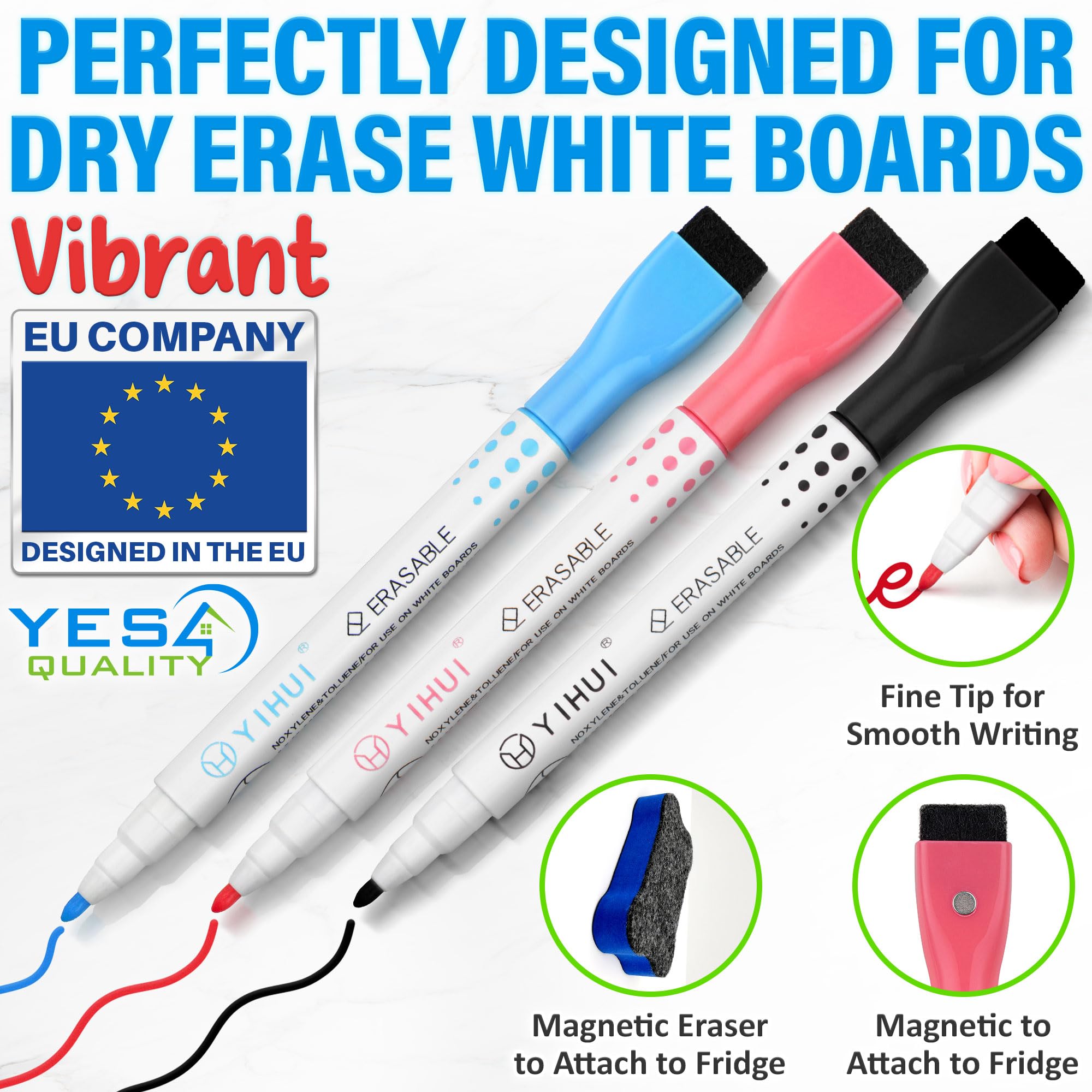 Pizarra blanca magnética de borrado en seco para nevera - A4 / 30 x 20 cm - Resistente a las manchas con 3 rotuladores y borrador grande con imán - de Yes4Quality