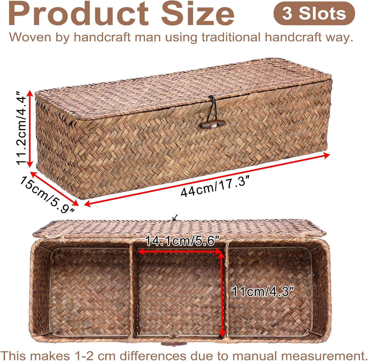 Hipiwe Handwoven Seagrass Storage Basket with Lid Rectangular Toilet Paper Holder 3 Sections Home Organizer Bin for Bathroom Shelf Kitchen