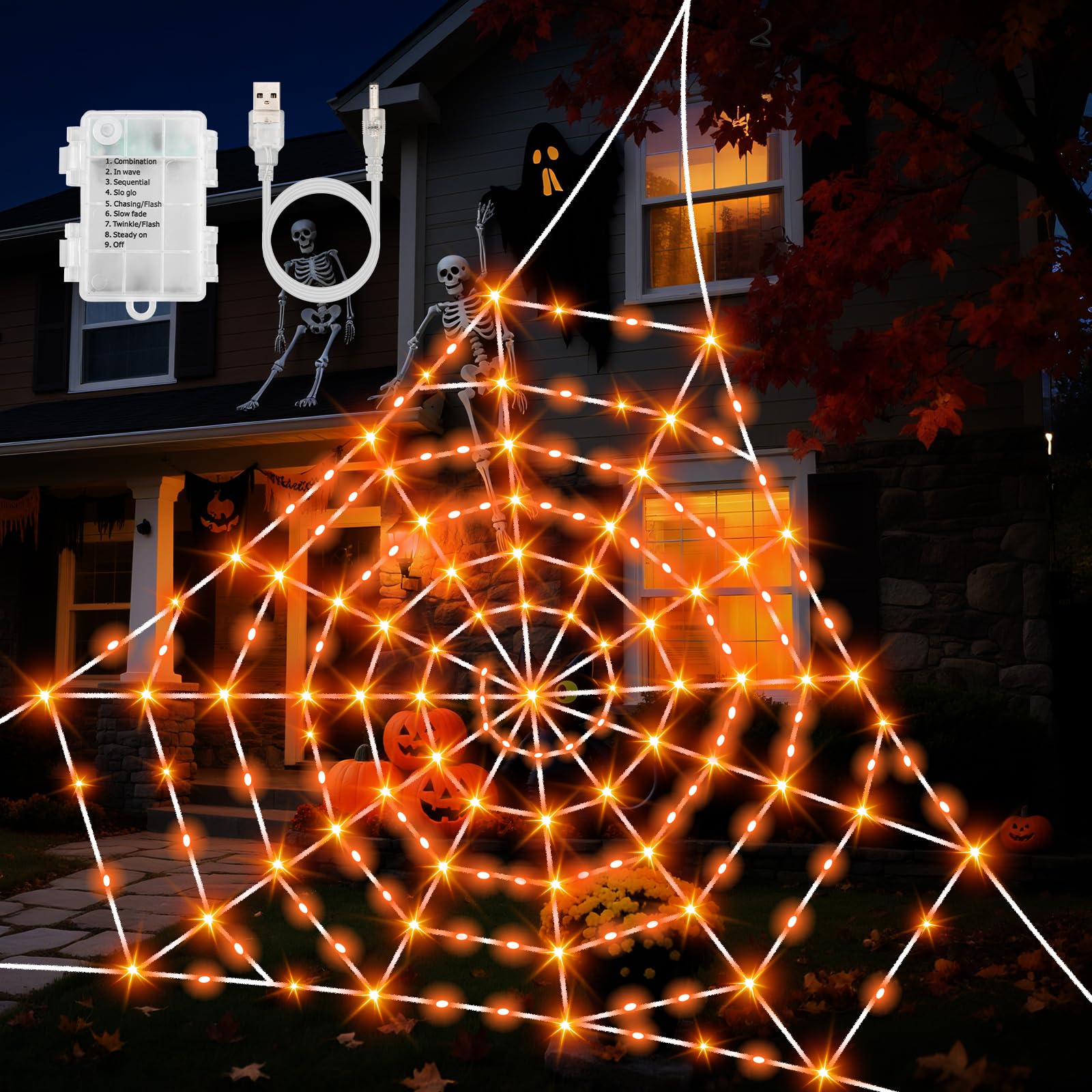 Halloween Decoration Spider Web Lights,17ft 120LED Orange Outdoor Spider Web Lights Baterry Powered/USB Powered with Timer Waterproof for Outdoor Garden Yard Halloween Decor