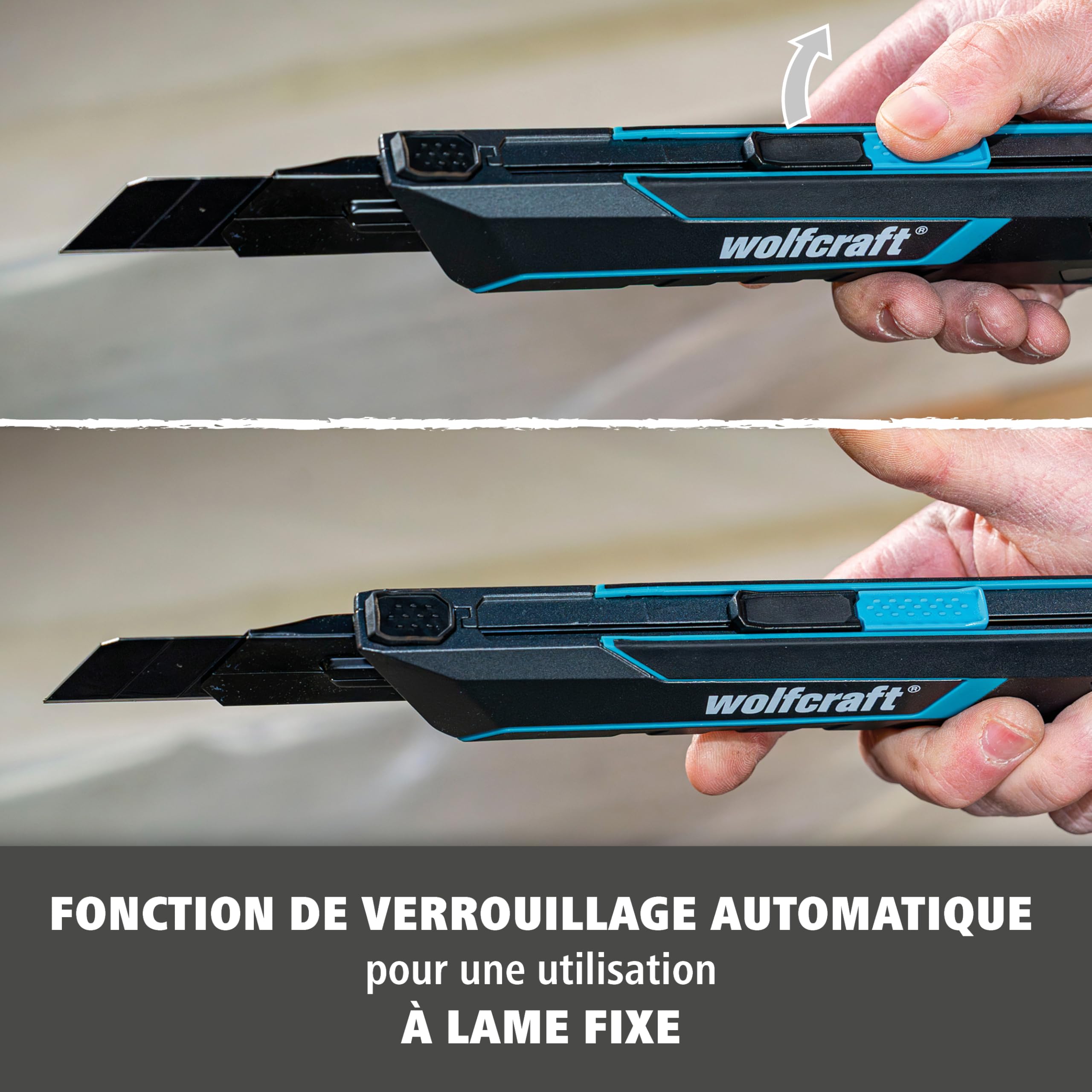 wolfcraft 4291000 - Cutter à lame sécable PRO SAFETY, 25 mm - Cutter professionnel ultra-tranchant avec une ergonomie optimale pour les gauchers et les droitiers