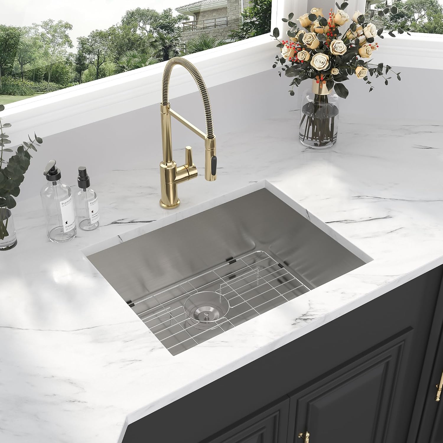 Kichae 23 Inch Undermount Kitchen Sink Single Bowl 16 Gauge Stainless Steel Handmade Modern Bar Prep Small Kitchen Sink Round Corner