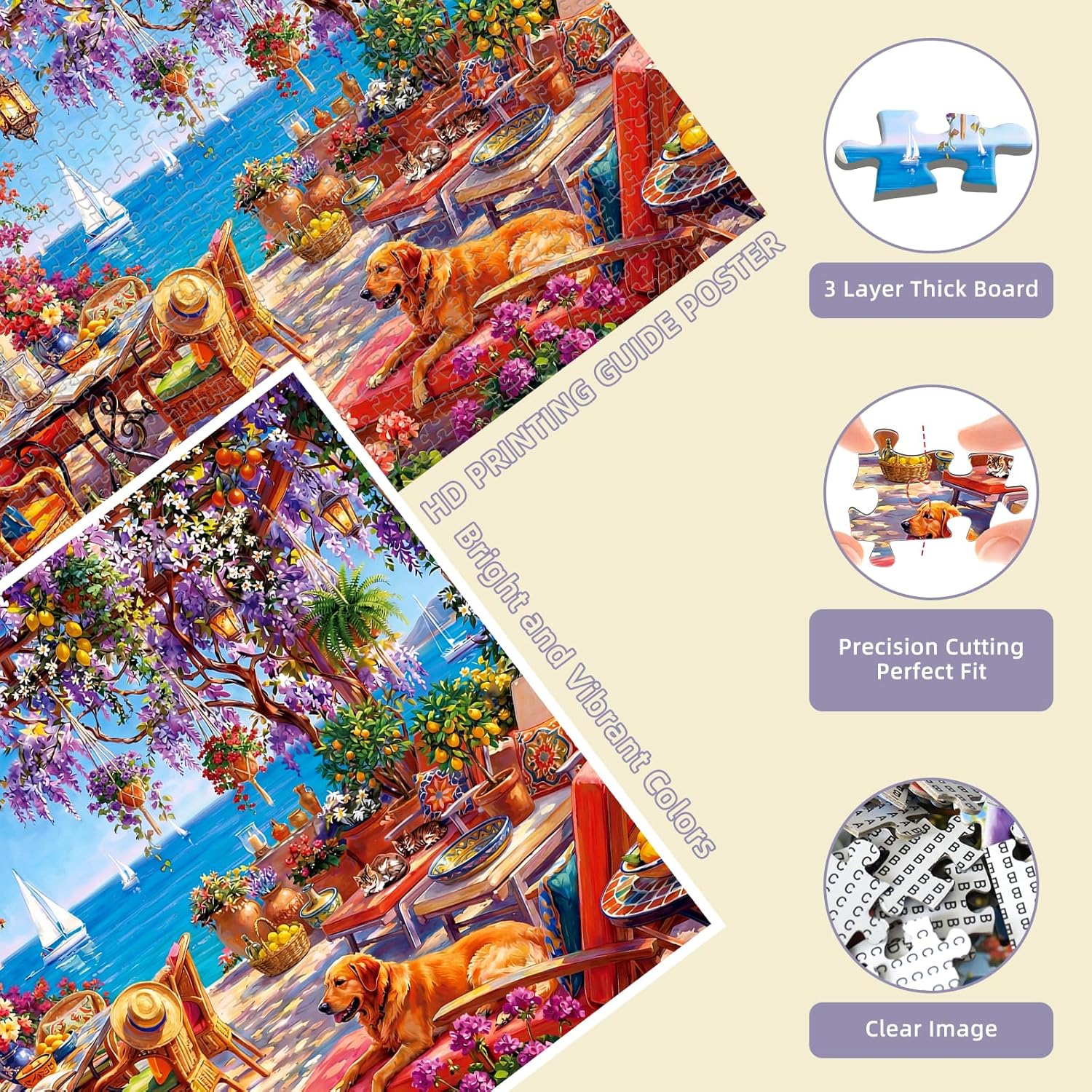 Coastal Terrace Flowers Puzzles for Adults 1000 Pieces, 1000 Pieces Floral House Porch Puzzles with Dog for Adults, Impossible Hard Fun Challenging Landscape Scenery Jigsaw Puzzles for Adults