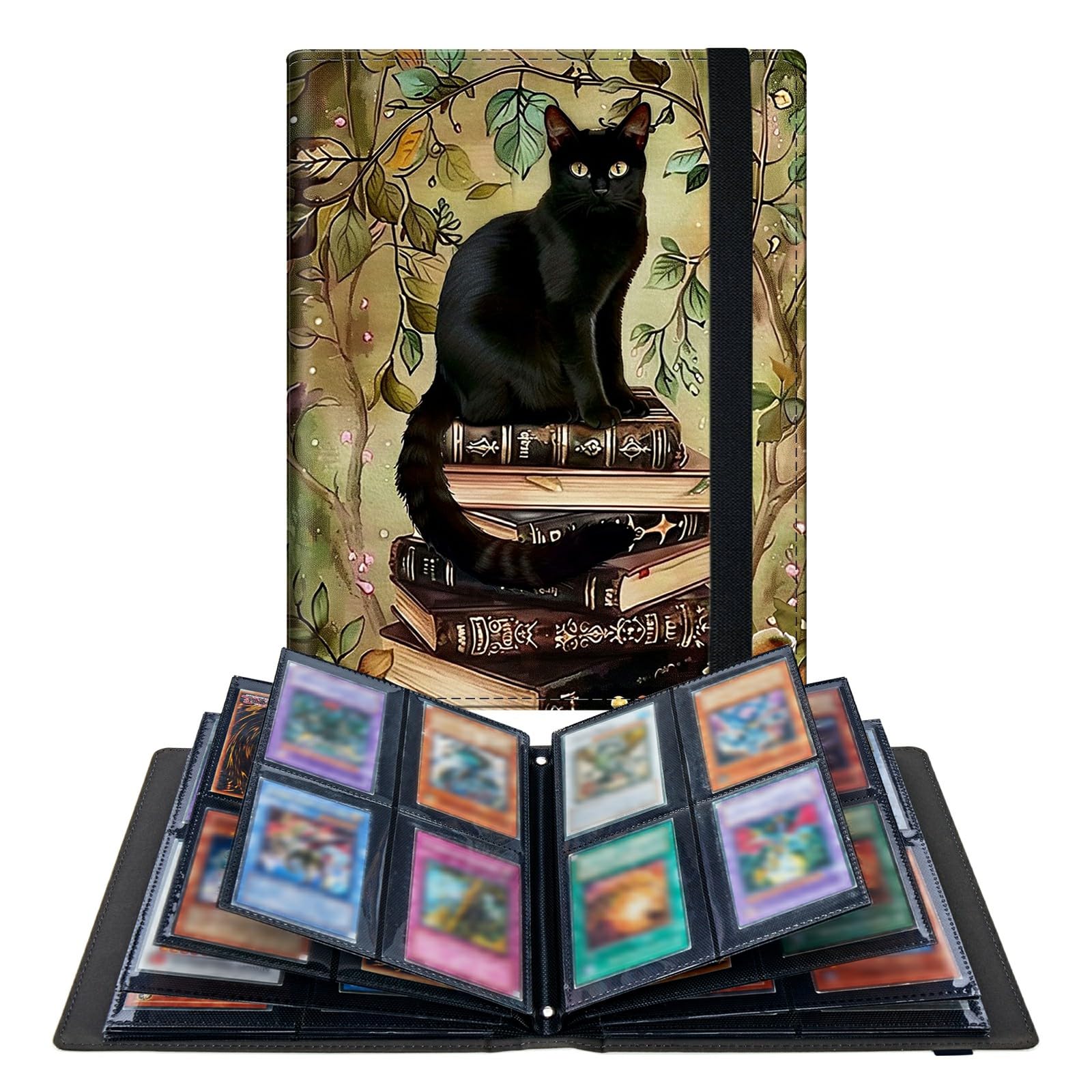 RWUTYTIUL Book Cat 4 Pocket Trading Cards Album, Trading Card Binder Holder with 400 Card Protector, Expandable PU Card Book Collectable Sports Card Binder for Sports, MTG and Other TCG Folder