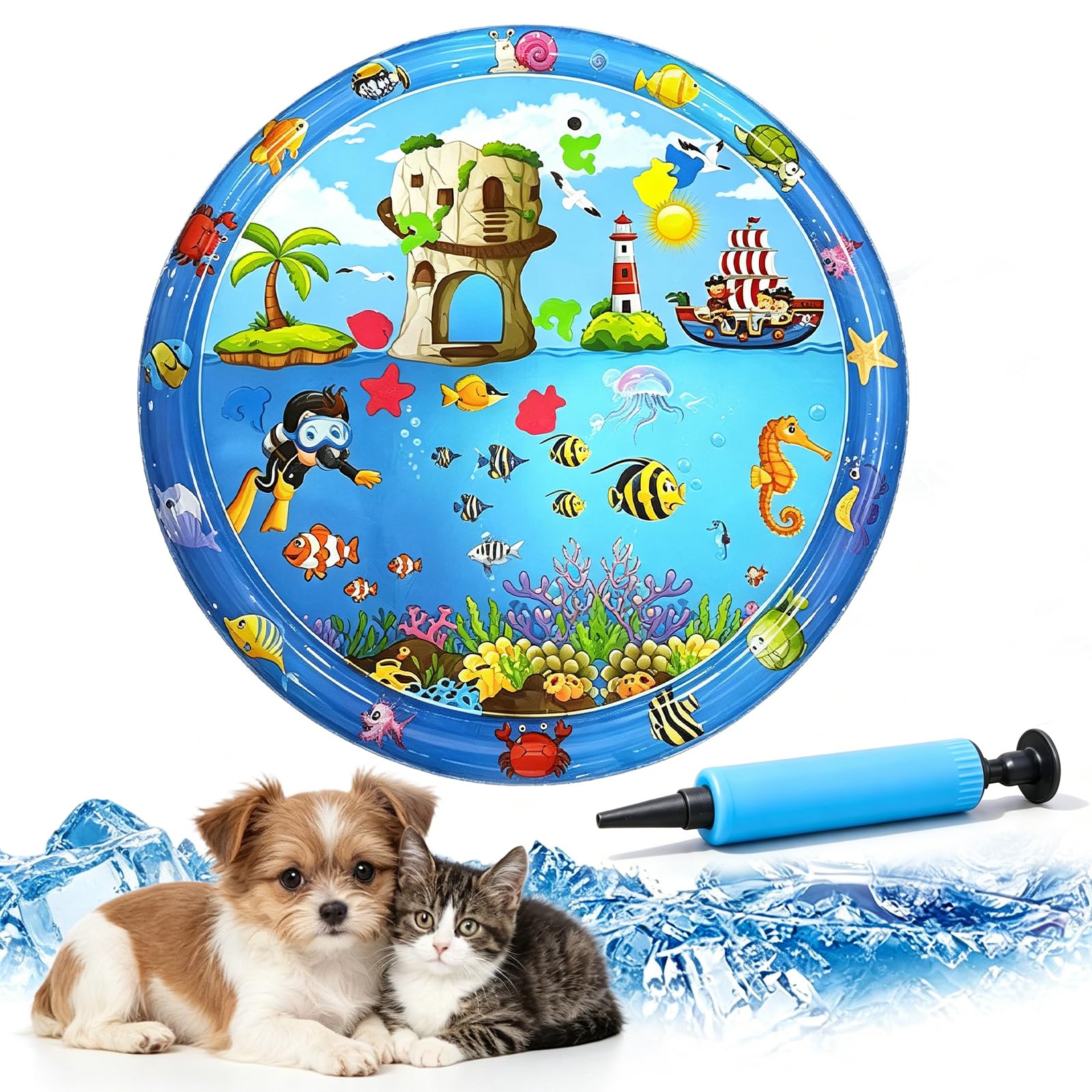 Pet Water Sensory Mat, 37.4" Large Cat Water Mat with Floating Fish, Interactive Cooling Mat for Cats & Dogs, Thickened Leak-Resistant Water Play Mat, Indoor Outdoor Pet Enrichment Toy (Round-4)