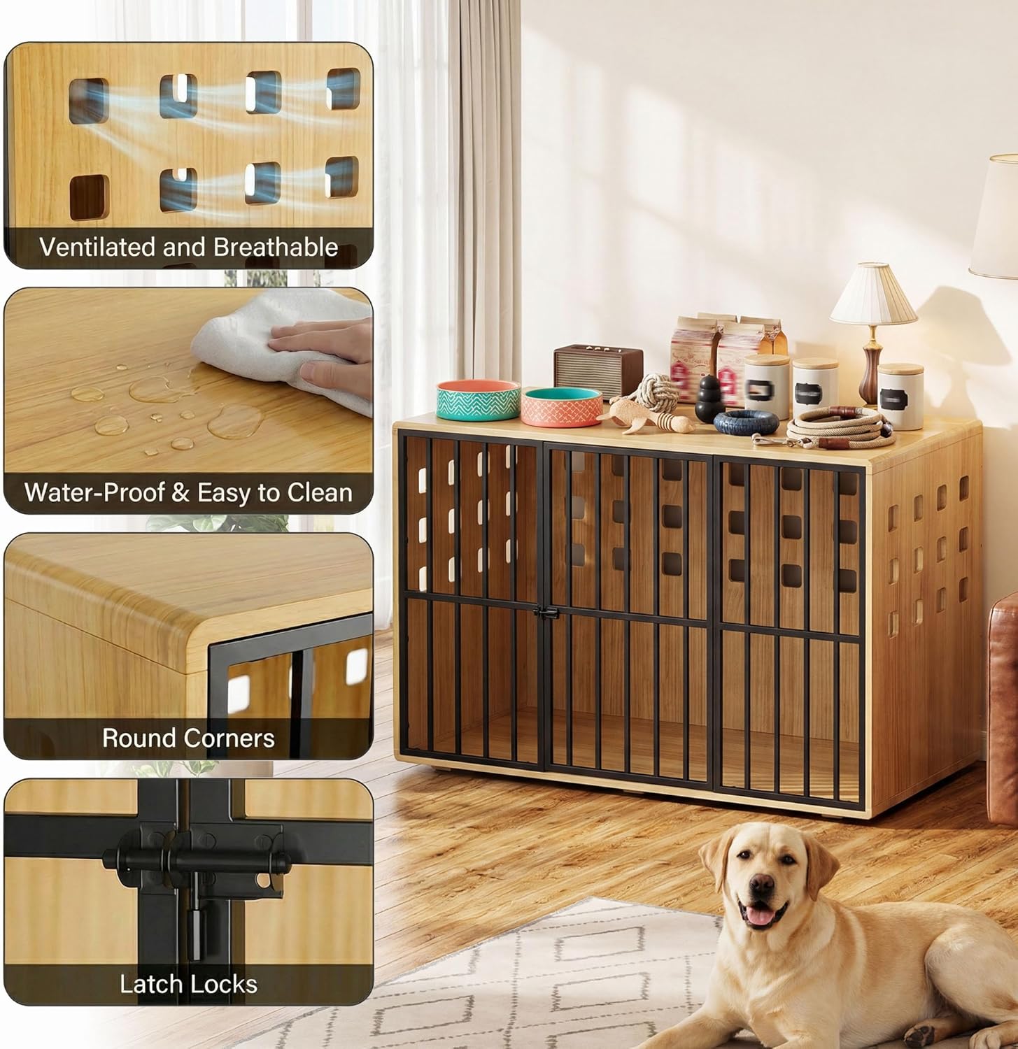 Solid Wood Extra Large Dog Crate Furniture for Medium & Large, 47.2 Inches Wooden Dog Crates, Lockable Decorative Kennel Indoor, Heavy Duty Pet Crate Side Tbale for Living Room, Natural
