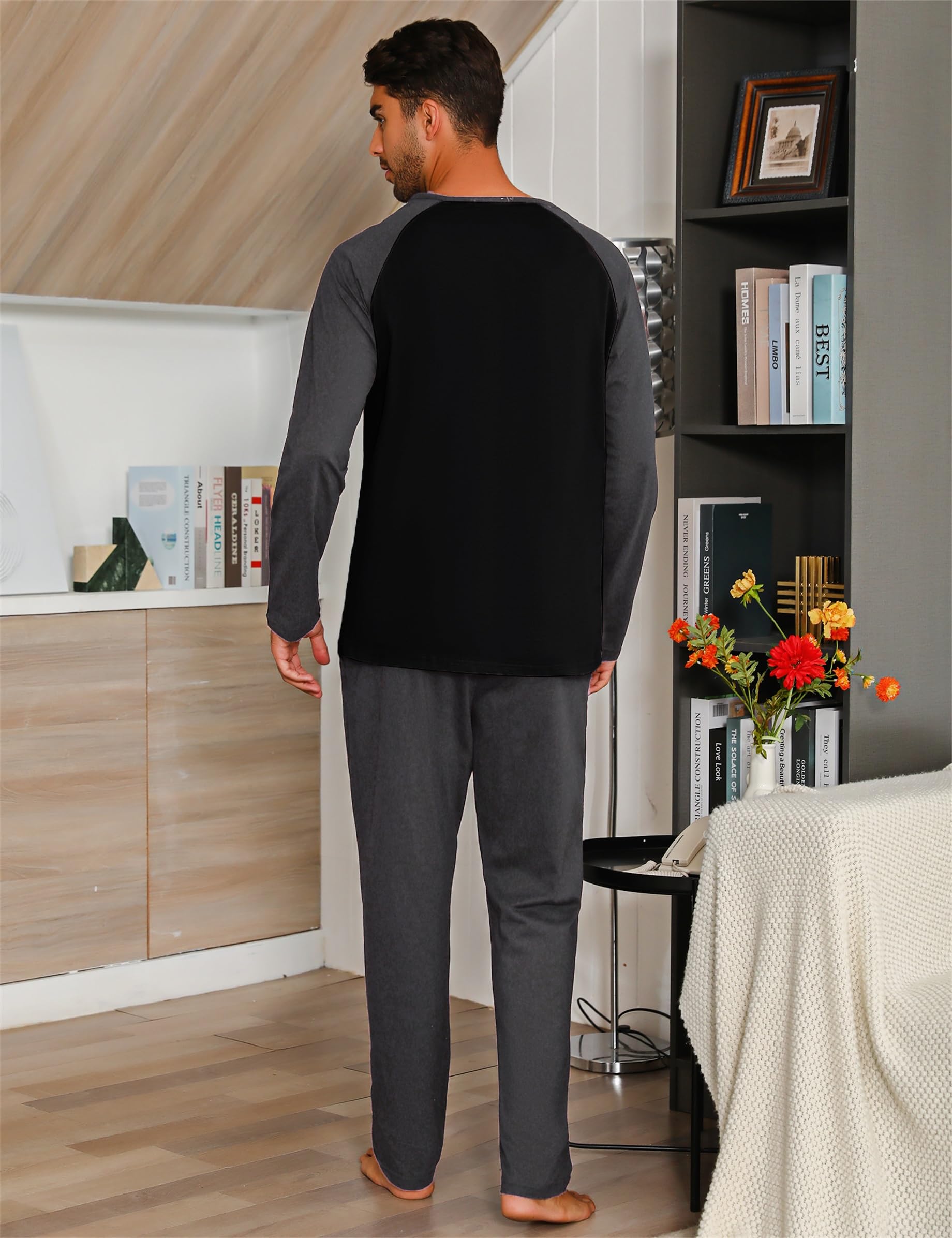 Migcaput Pigiama Cotone da Uomo Set Lungo Comodo Pigiami Due Pezzi da Uomo Pigiama Manica Lunga Pigiama con Tasche con Bottoni