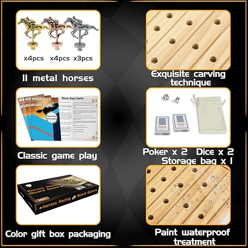 Miniatura 4 de Juego de mesa de carreras de caballos, madera maciza gruesa con 11 lujosos caballos de metal clásicos duraderos con 4 dados y 2 cajas de cartas,
