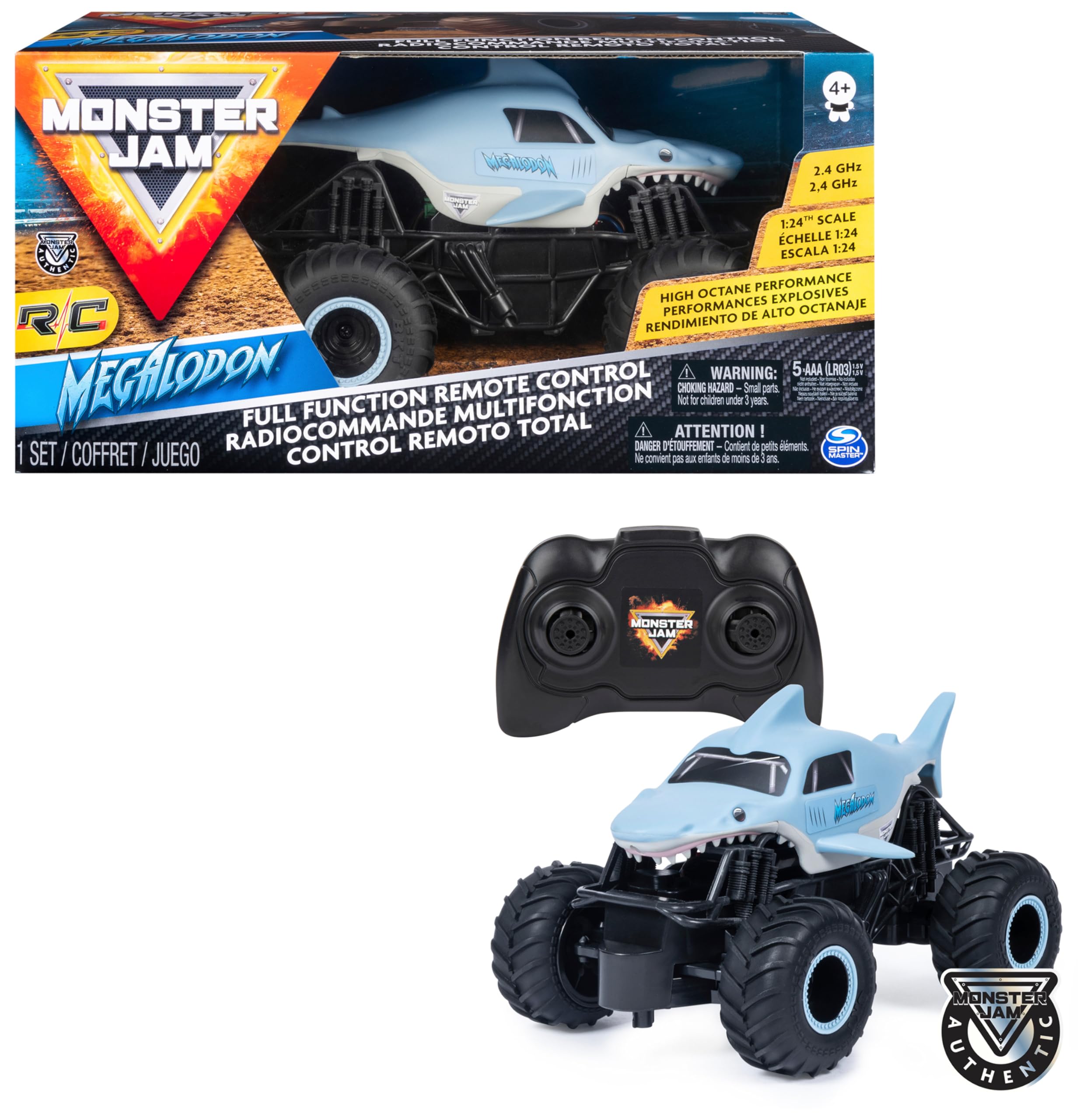 Monster Jam - Coche Teledirigido Megalodón - Coche para Niños RC Monster Truck a Escala 1:24-2.4GHZ hasta 76m - Juguetes Niños 4 Años +