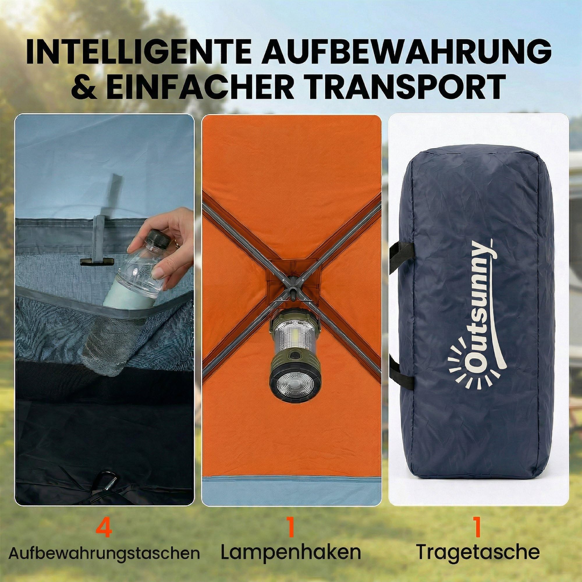 Outsunny Tunnelzelt 4 Personen Stehhöhe 3000-mm-Wassersäule Orange+Blau | Familienzelt, Schlaf- und Wohnzimmer, Dachfenstern, Bodenplane, Wasserdicht, Tragetasche, Campingzelt für Cmping