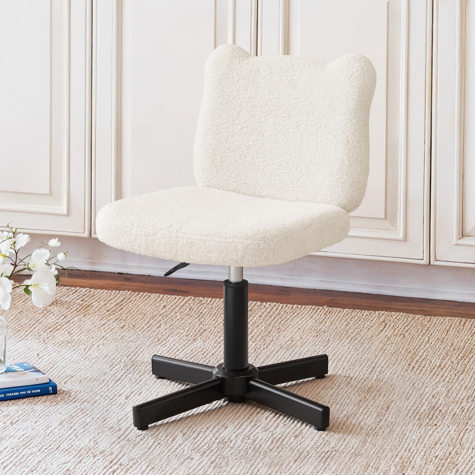 LUE BONA Schminktisch Stuhl mit Bärenohren Rückenlehne – 360° Teddy-Samt Drehsessel, Schminktisch Hocker für Schlafzimmer & Ankleidezimmer, Belastbar bis 136kg, Beige