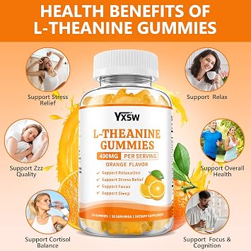 L-Theanine Gummies, Chewable L-Theanine Supplement for Adults & Kids 400mg with Ashwagandha, GABA, 5HTP for Relax, Zzz & Focus Support, Orange Flavor, 120 Counts