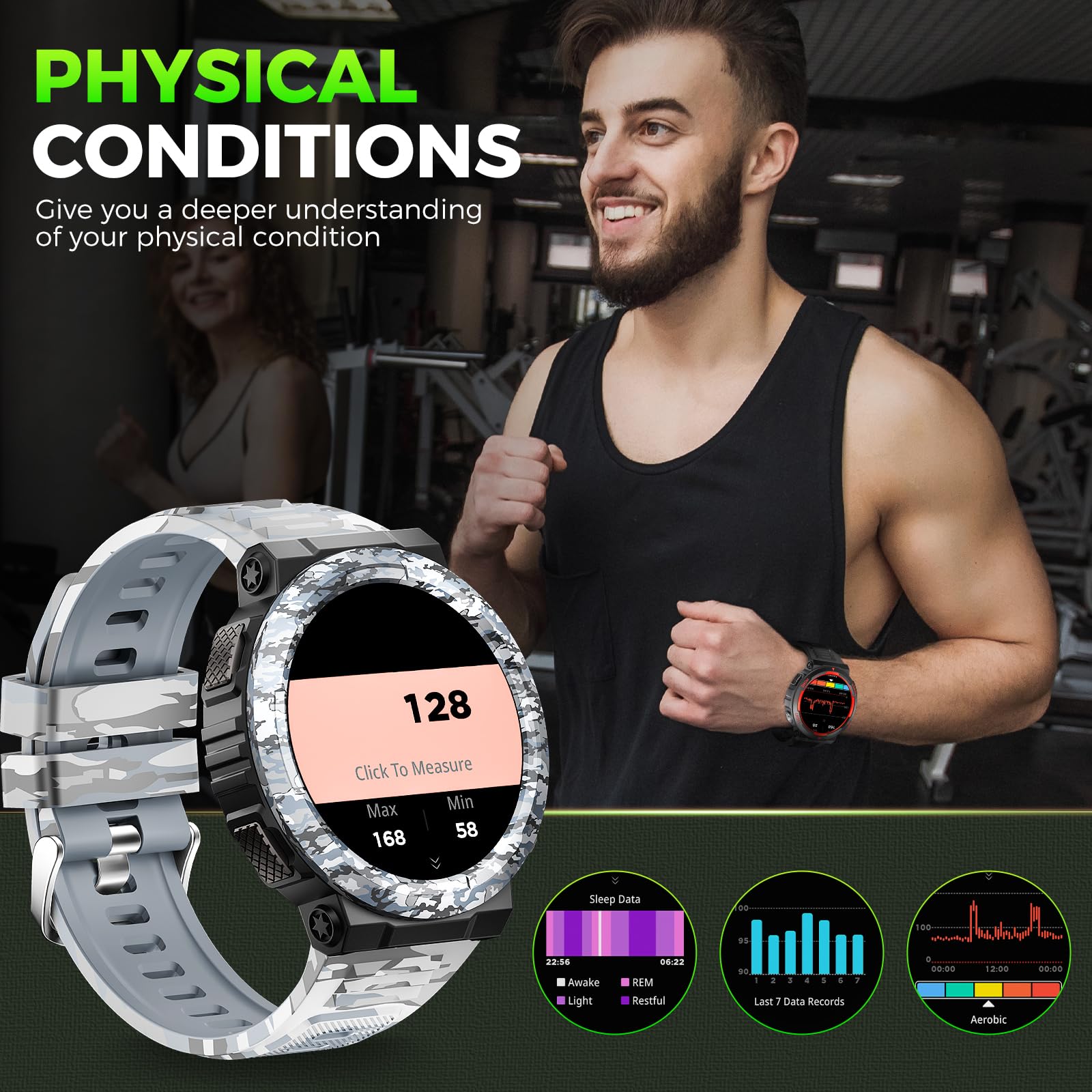 JELLOO Smart Watch militare da uomo (rispondere/effettuare chiamate), impermeabile 3ATM, torcia a LED, oltre 100 modalità sportive, smartwatch tattico con cardiofrequenzimetro SpO2, monitoraggio del