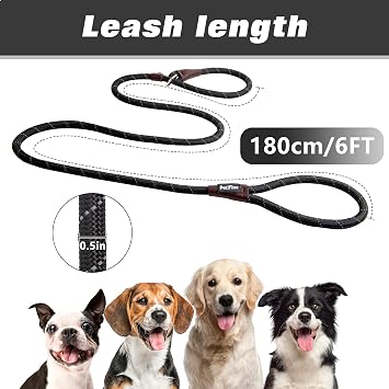 PetiFine Slip Lead Dog Leash - 6FT x 1/2 Reflective Durable Training Rope, Heavy Duty Adjustable Nylon for Small Medium Large Dogs (Black)