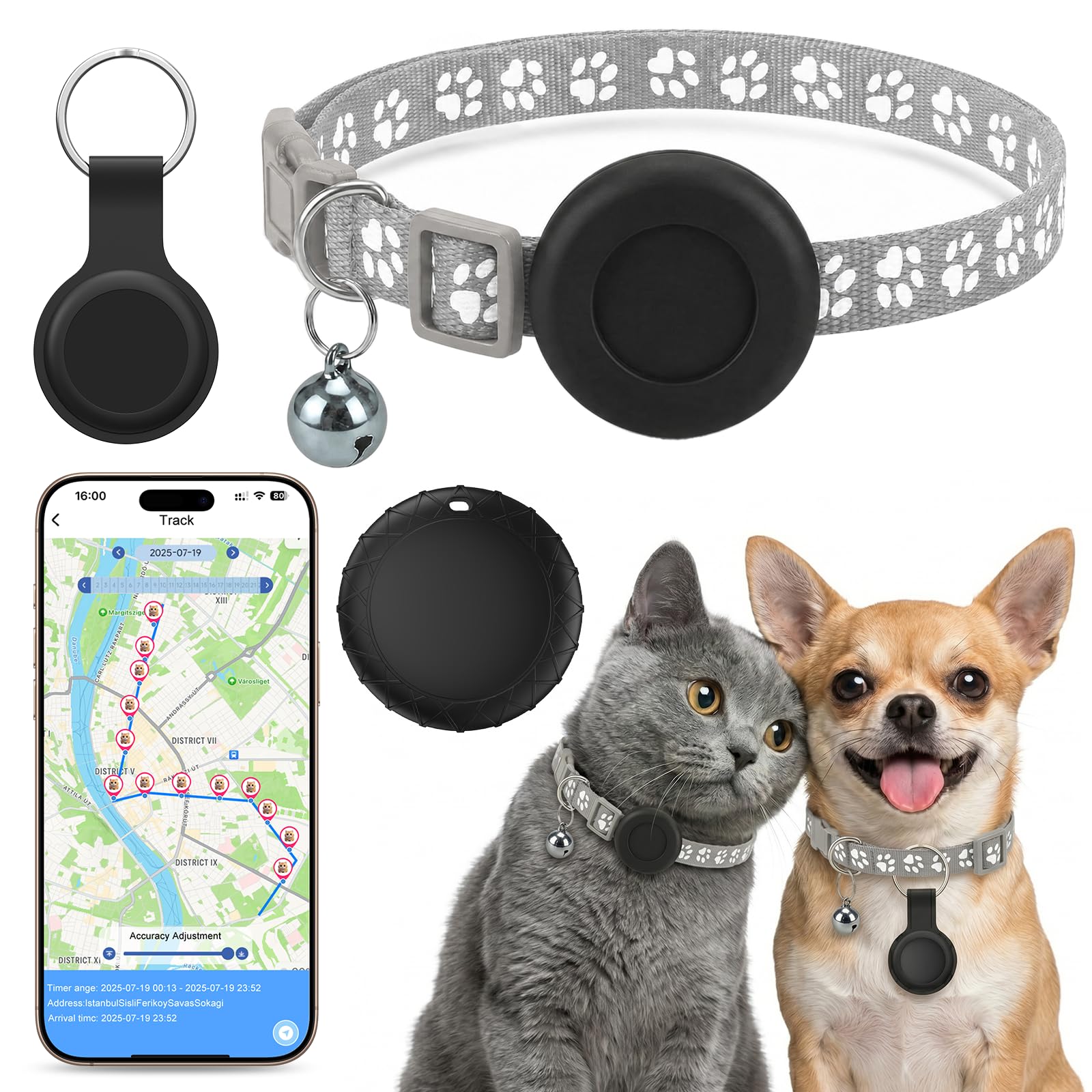 GPS Gatos, Localizador GPS Perros, Posicionamiento Global en Tiempo Real, GPS Perros/Gatos Compatible con Sistemas iOS y Android, Sin Suscripción, Collar Ajustable, Resistente al Agua IPX6 - Gris
