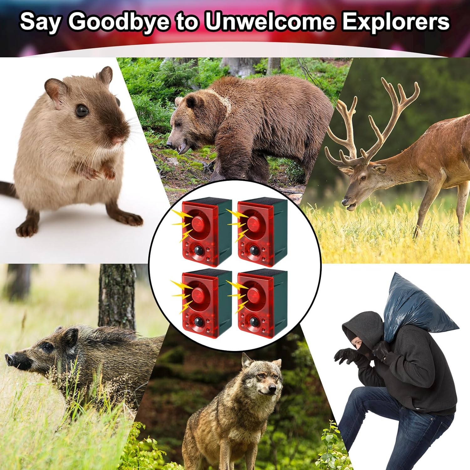 Qualirey 4 Pcs Solar Outdoor Motion Sensor Alarm with Stake Gunshot Sound Dog Barking, 3 Modes Support Recording and Adjustable Volume USB Charging 129 dB Loud Noise Maker for Animal Deterrent