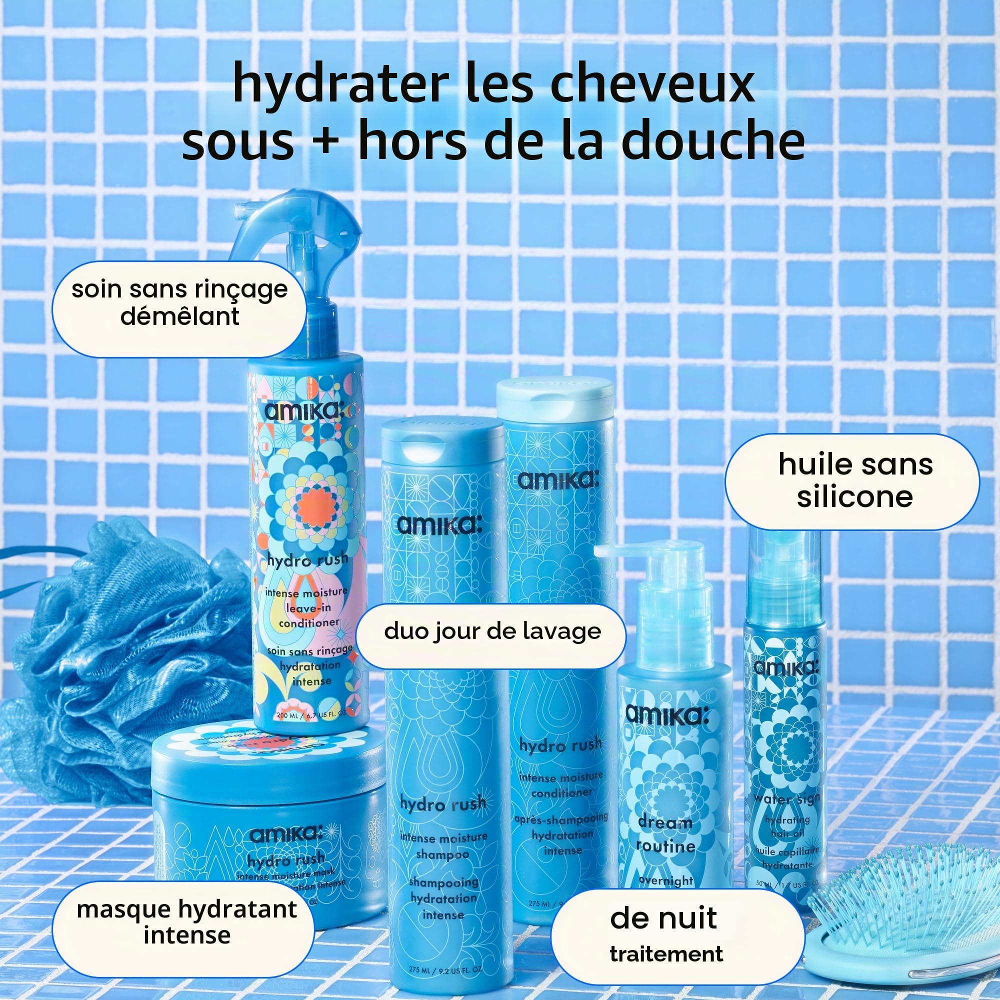 amika Masque capillaire hydro rush intense - Soin capillaire hydratant pour mèches sèches + texturées - Après-shampoing profond enrichi en acide hyaluronique + squalane - Hydratation longue durée (500
