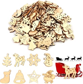 100-Piece Christmas Wooden Ornaments Set - Mini Wooden Decorations, Christmas Tree DIY, DIY Crafts Table Decoration, Gift Tags, and Table Decor, Includes Snowflakes, Hearts, Gingerbread